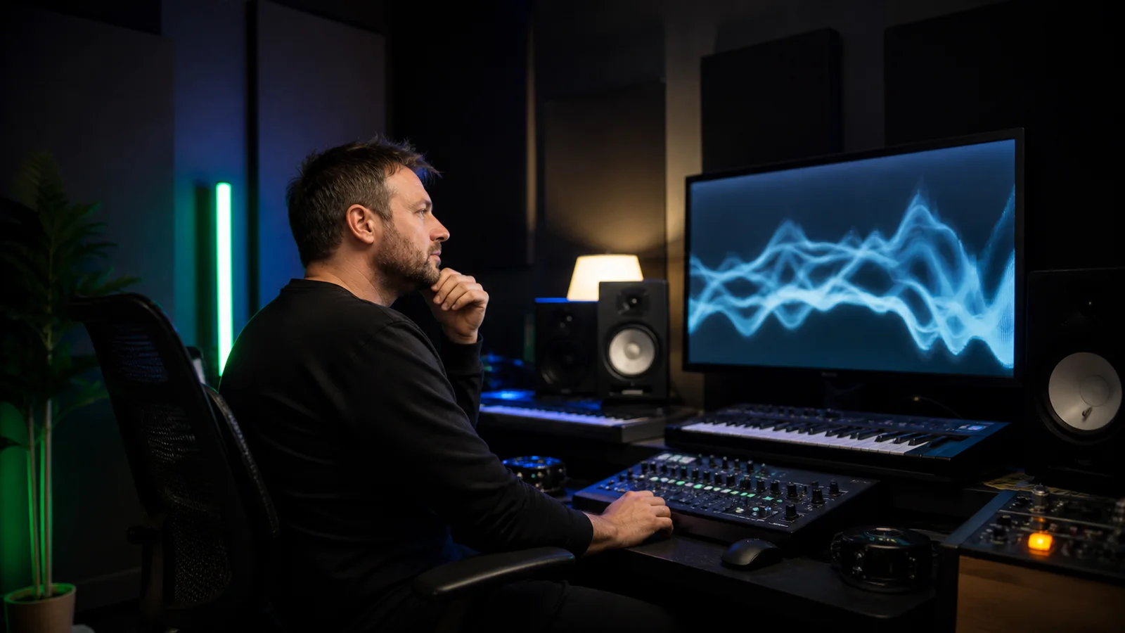 Produtor ouvindo atentamente uma faixa em estúdio escuro