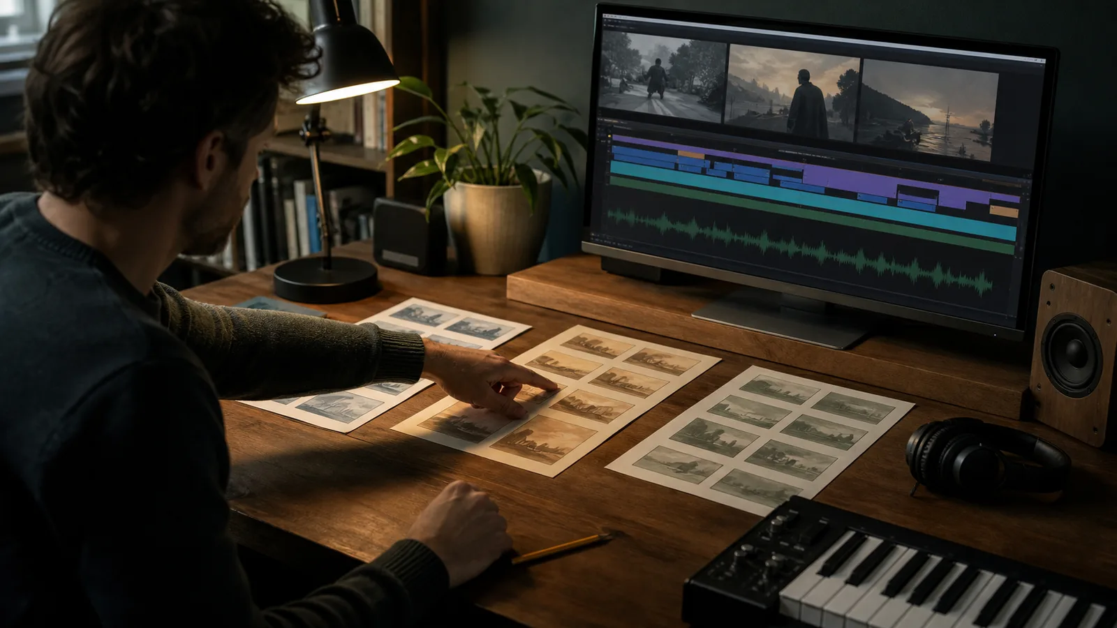 Filmeditor markiert emotionale Wendepunkte neben Musiknotizen