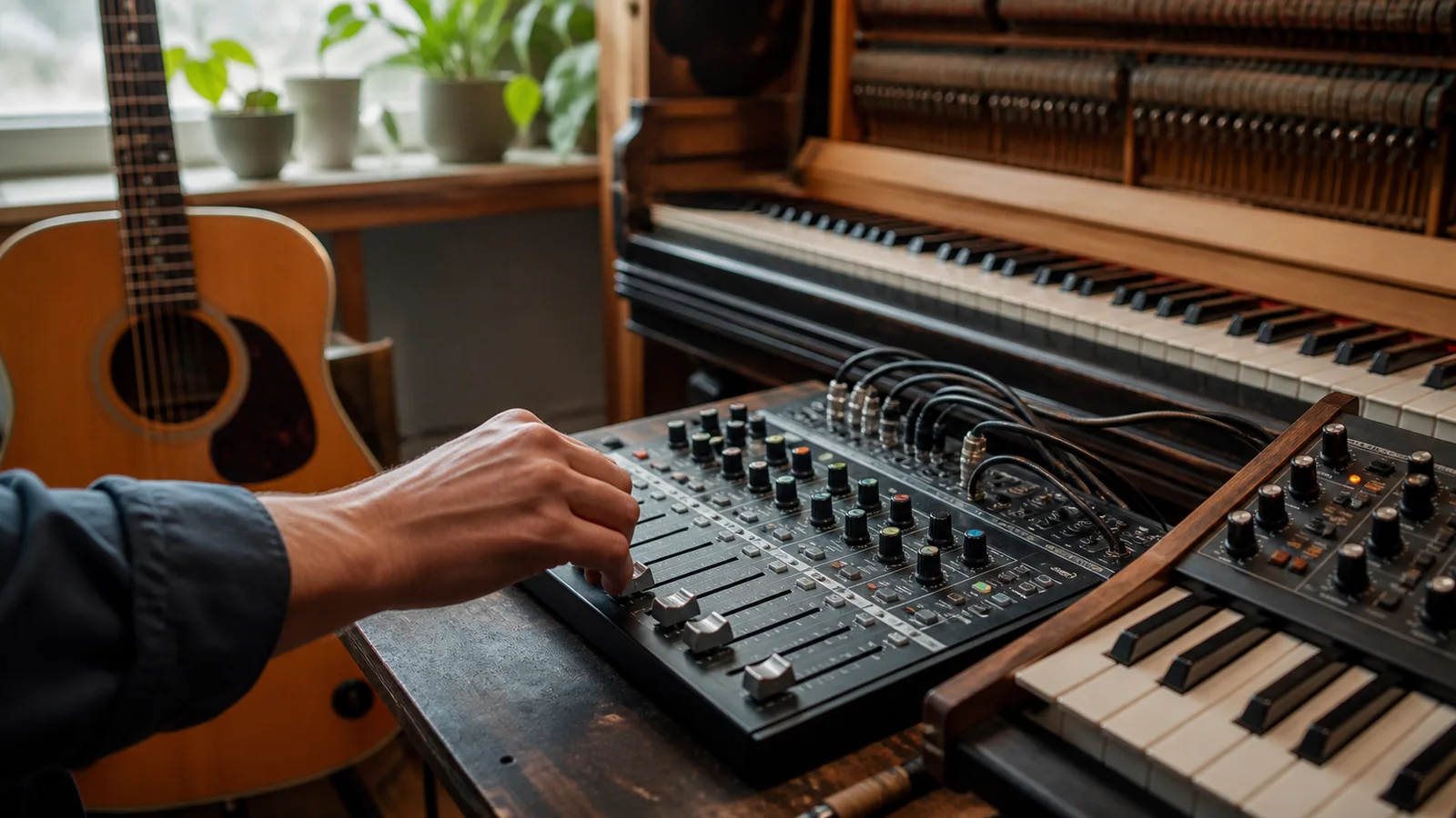 Mão ajustando um fader perto de piano, guitarra e sintetizador
