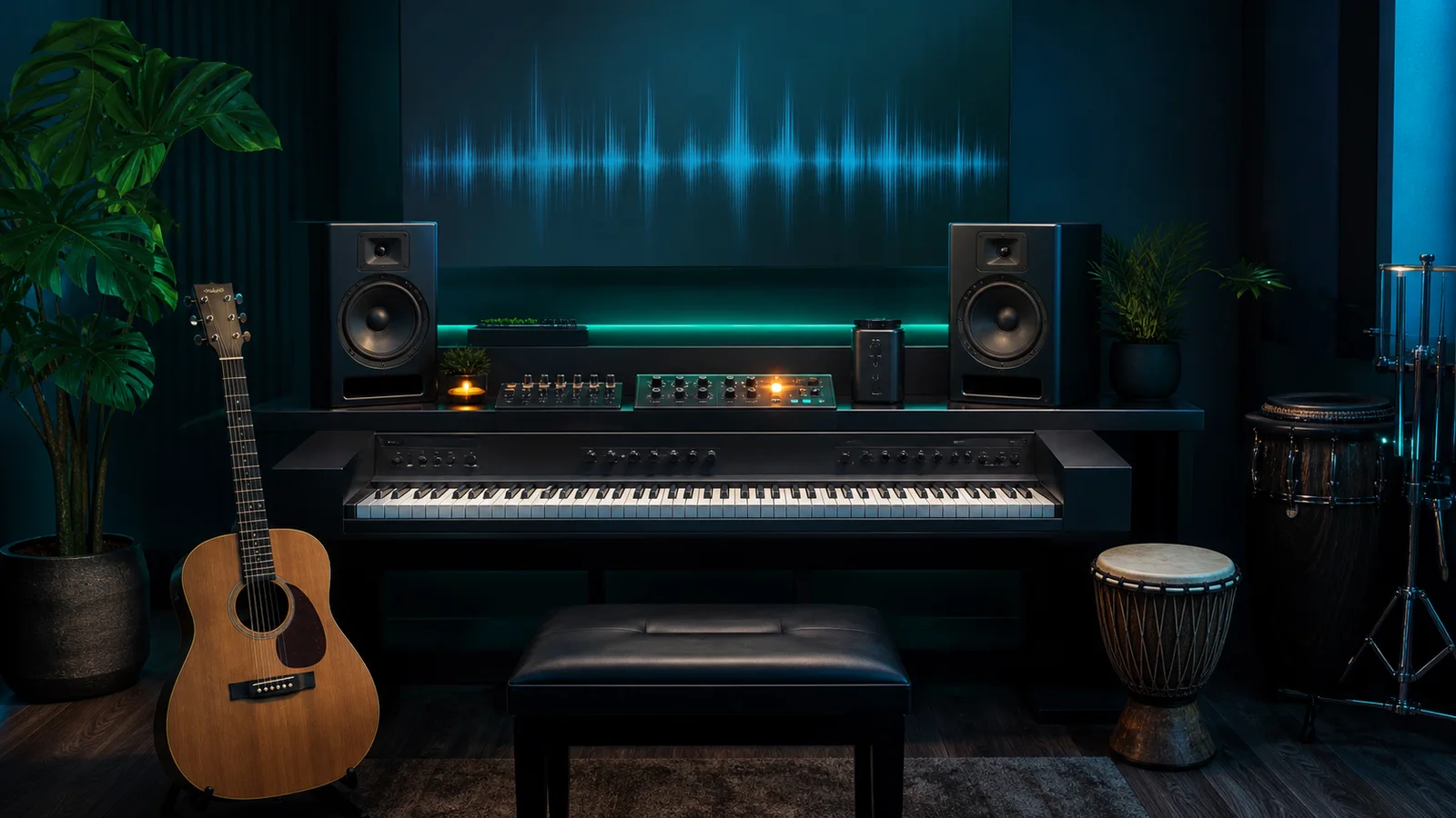 Music producer listening at a studio mixing console while refining an instrumental track