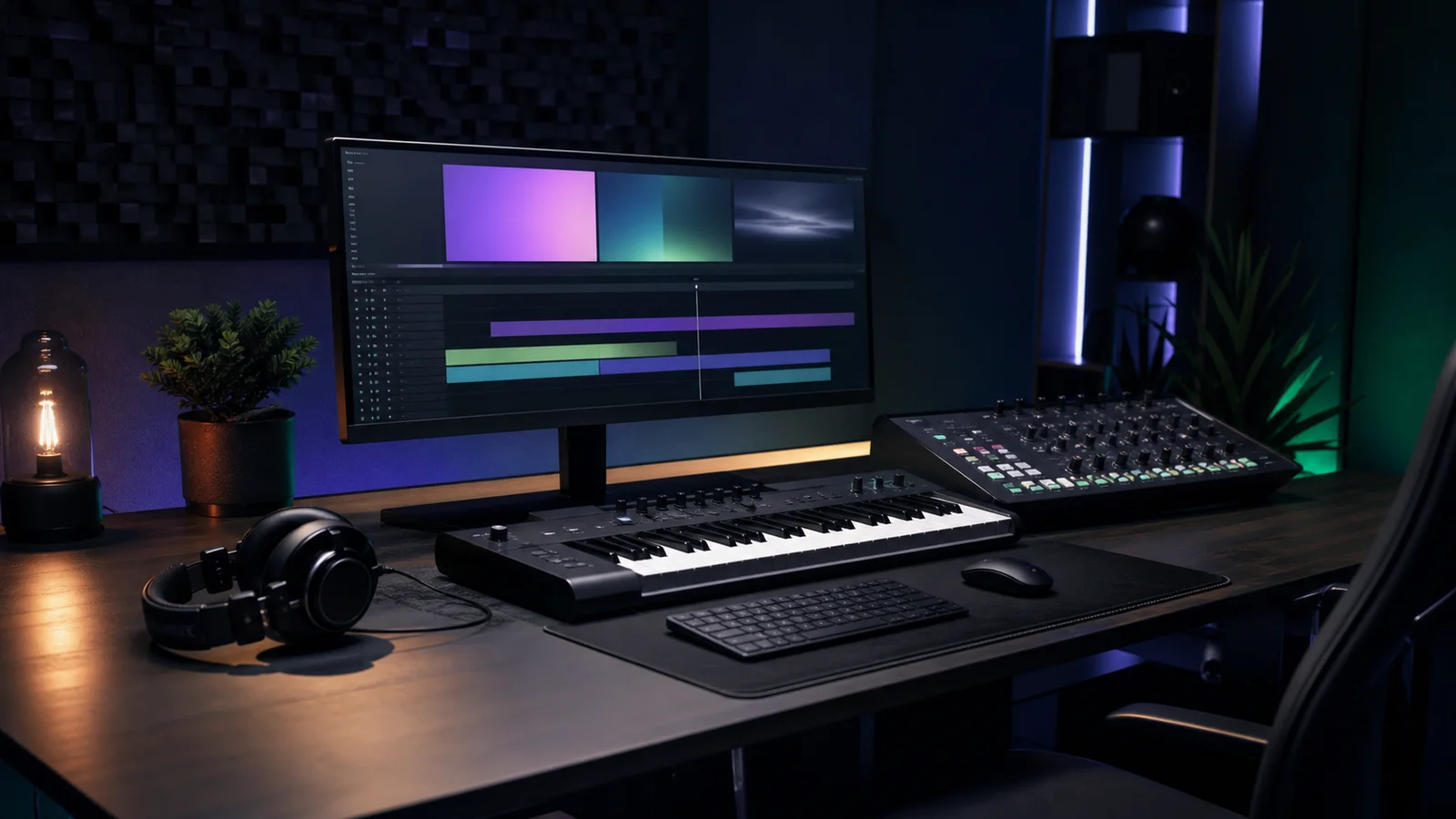 Video editor working at a desktop timeline while choosing background music