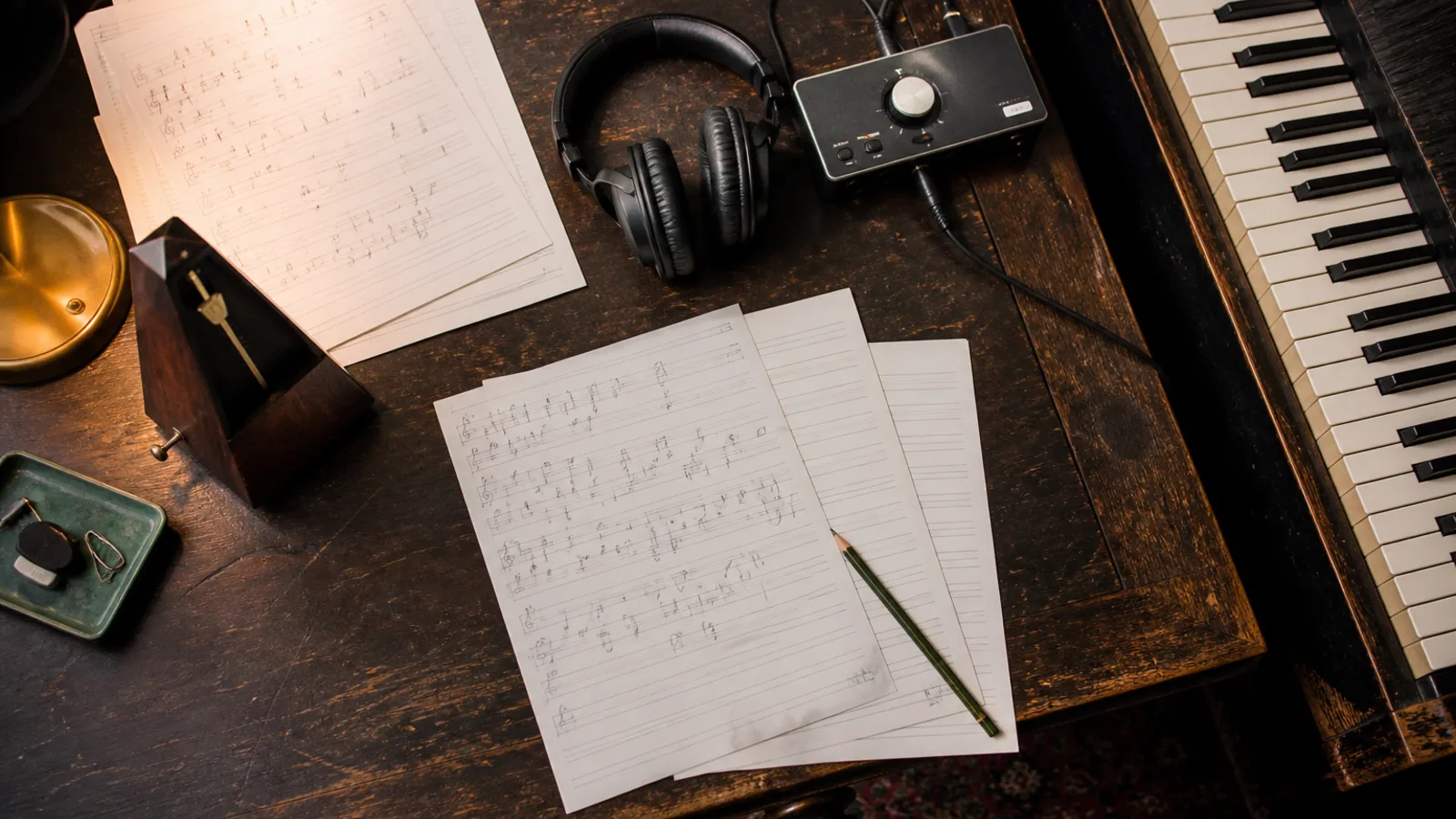 Jazz-Arrangementnotizen, Metronom, Kopfhörer und Keyboard