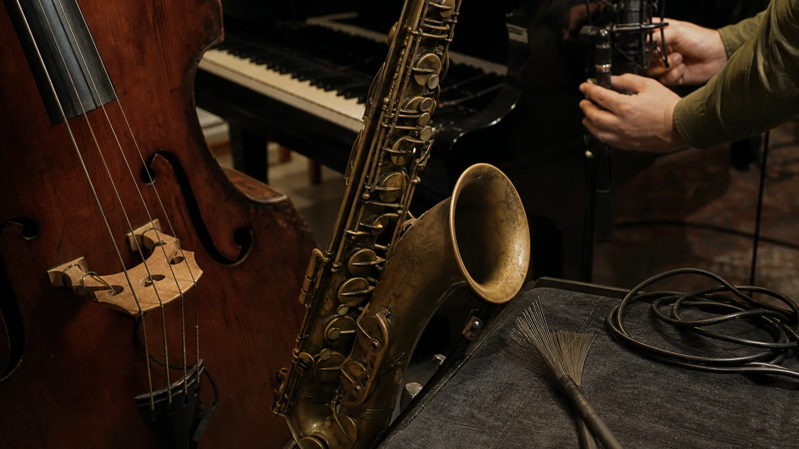 Saxofon, Kontrabass, Klavier und Besen vor einer Aufnahme