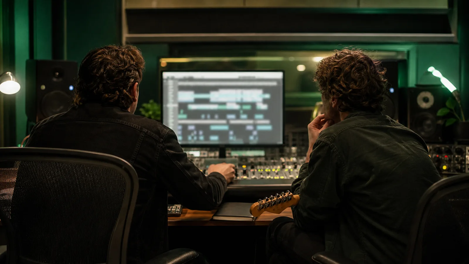 Produzent und Gitarrist prüfen ein Rock-Arrangement