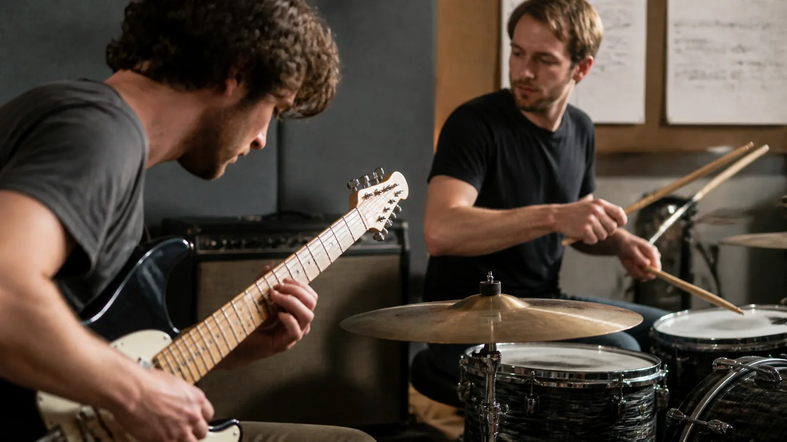 Gitarrist und Drummer testen ein Rock-Arrangement im Proberaum