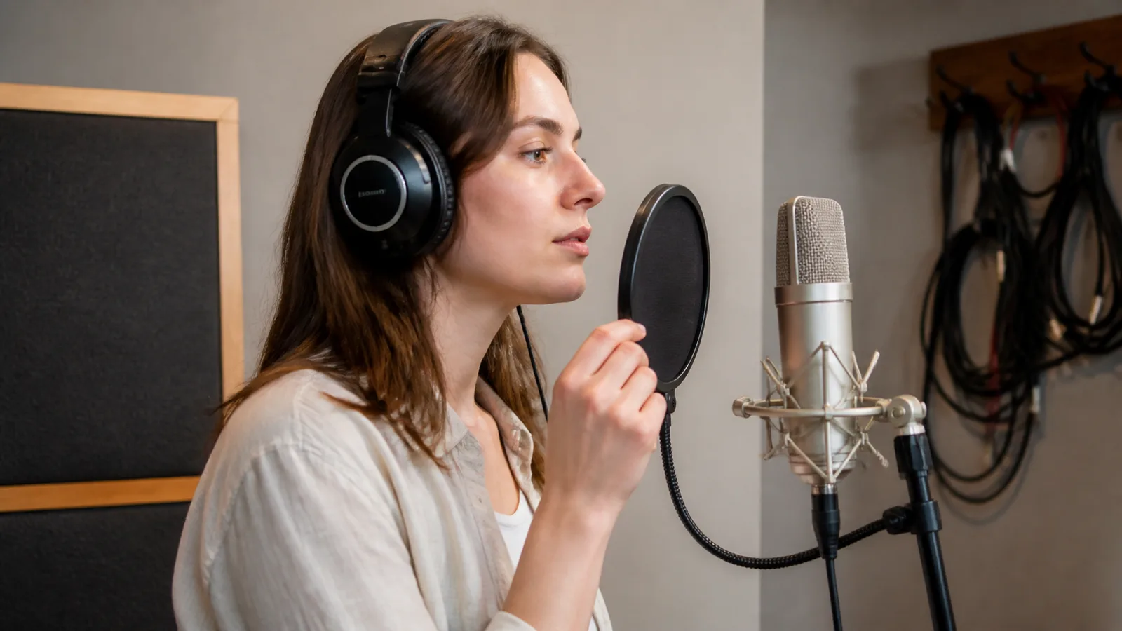 Chanteuse vérifiant la distance au micro avant la prise