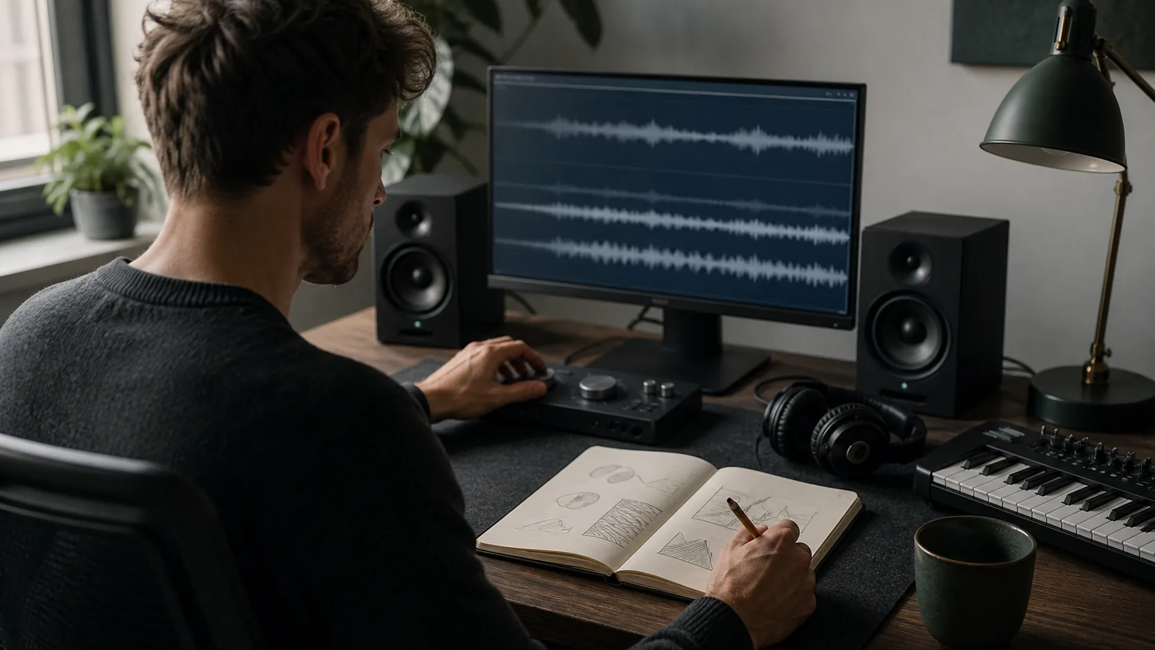 Ambient music creator listening to a draft and writing a focused revision note