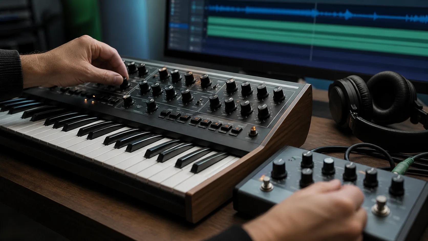 Musician shaping layered ambient texture on a hardware synthesizer